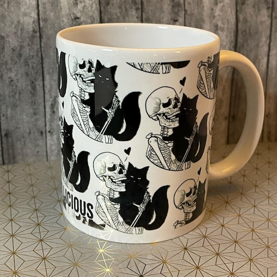Love the Kitties Ceramic Mug 11oz | Cute Mug | Skeleton Mug | Black Cat Mug | Halloween Skeleton Cat Mug