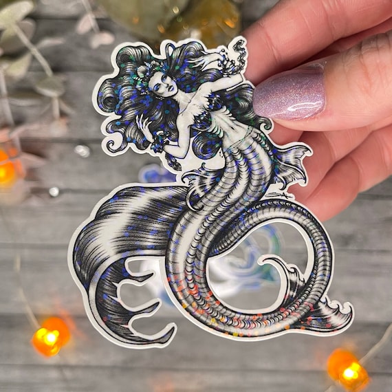 Dark Queen Mermaid Sticker | Mermaid Sticker | Black and White Mermaid Sticker | Glitter Mermaid Sticker