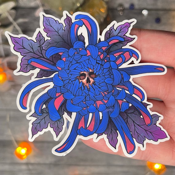 Chrysanthemums Skull Sticker | Chrysanthemum Tattoo Design | SkullMums Sticker | Red Flower Sticker | Blue Flower Sticker