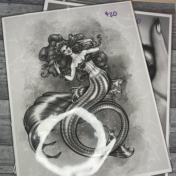 Dark Queen Mermaid Art Print 8.5” x 11” | Black and White Mermaid Art | Mermaid Tattoo Design Art | Mermaid Art Print | Matte