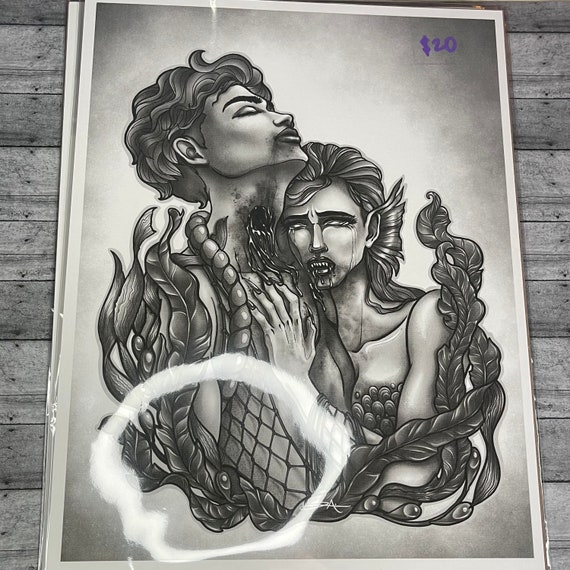 Mermaid HeartBreak Art Print 8.5” x 11” | Black and White Mermaid Art | Mermaid Tattoo Design Art | Dark Art Print | Matte