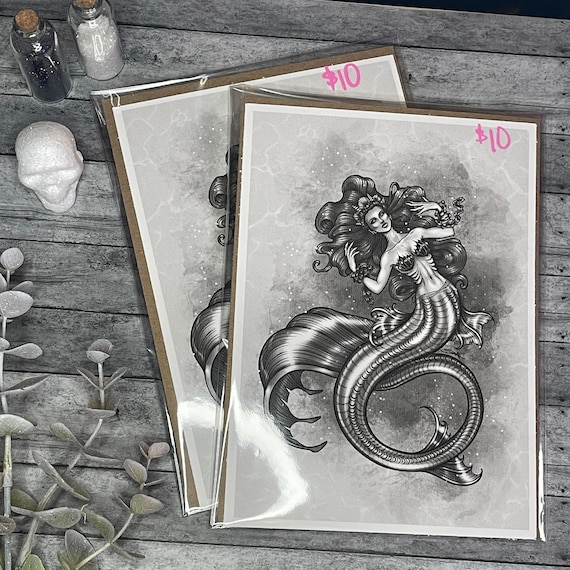 Dark Queen Mermaid Art Print 5” x 7” | Black and White Mermaid Art | Mermaid Tattoo Design Art | Mermaid Art Print
