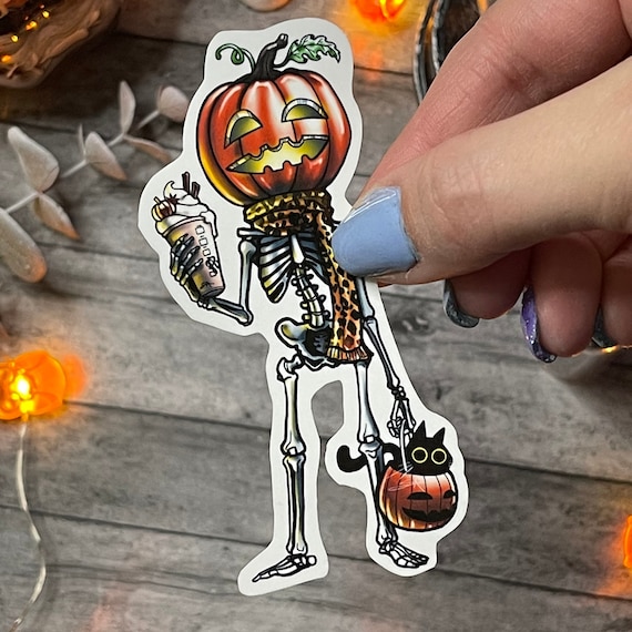 Pumpkin Spice Skeleton Sticker | Pumpkin Spice Latte Sticker | PumpkinHead Skeleton Sticker | Cute Halloween Sticker | Black Cat Sticker