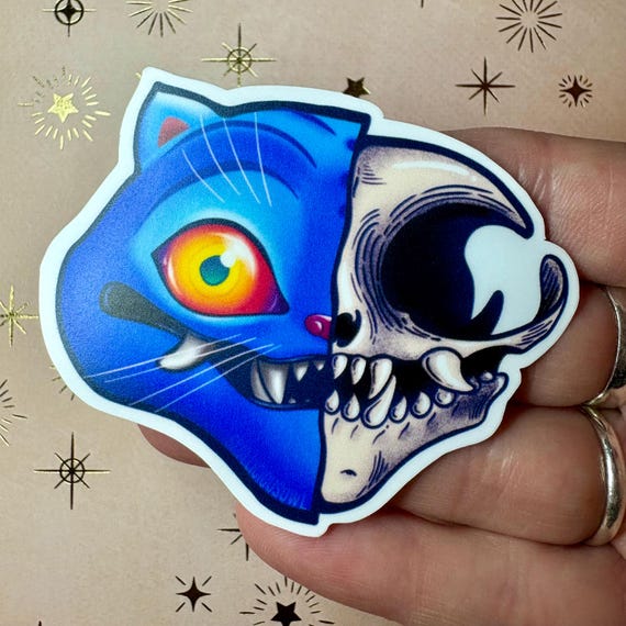 Blue Monster Cat Sticker, Fantasy Cat Vinyl Decal, Creepy Cute Magical Creature Sticker, Matte Goth Cat Art, Cute Monster Companion