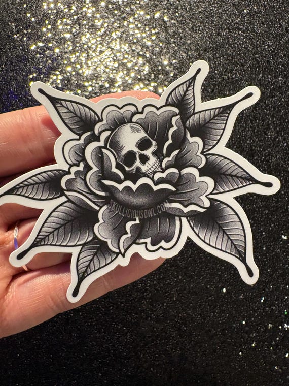 Gothic Skull Flower Sticker, Black Grey Tattoo Style Decal, Spooky Botanical Vinyl