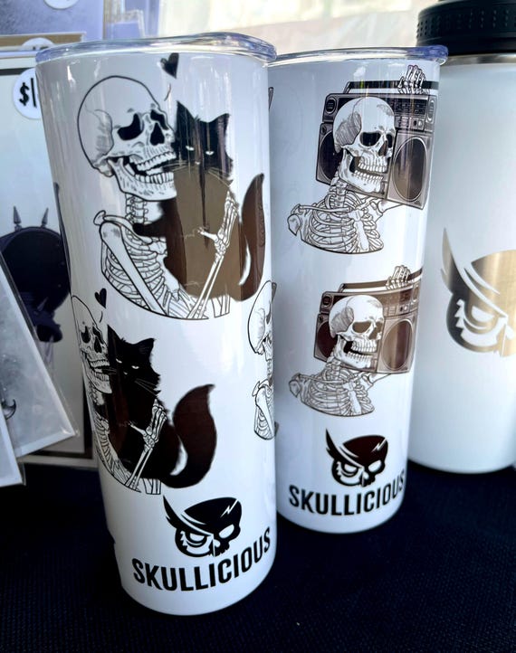 20oz Tumbler | Love the Kitties or Skelly Boombox | Stainless Steel Cup with Lid | Sublimation Art by SkulliciousOwl | No Straw