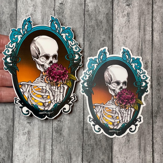 Chrysanthemum Skeleton Sticker | Gothic Frame Sticker | Halloween Skeleton Sticker | Skeleton Gothic Flower Sticker | Goth Skeleton