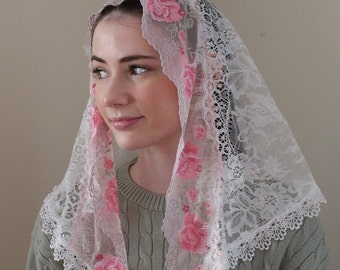 Rosa Mystica Boutique/ Ready To Ship/ Rose Chapel Veil/ Lace Mantilla / Head Covering For Latin Mass/ St Rose Of Lima