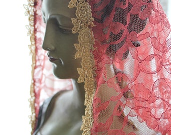 Rosa Mystica Boutique / Ready To Ship / Catholic Chapel Veil / Rust Colored Lace Mantilla / TLM Head Covering/ St. Kateri