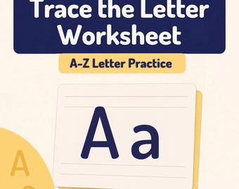 May include: A Trace the Letter Worksheet with A-Z Letter Practice text. A white card features the uppercase and lowercase letter A in dark blue. A large yellow circle in the bottom left corner displays a light yellow uppercase and lowercase A.