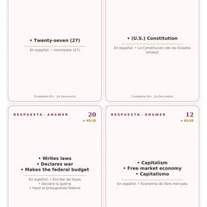 May include: Four white rectangular flashcards with rounded corners, each featuring the text RESPUESTA ANSWER, a number, and study content for U.S. citizenship. The cards contain questions and answers in English and Spanish regarding government and history.