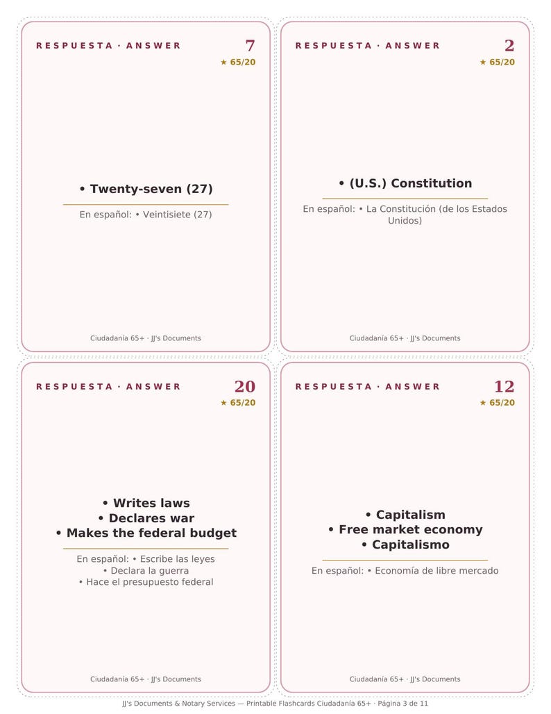 May include: Four white rectangular flashcards with rounded corners, each featuring the text RESPUESTA ANSWER, a number, and study content for U.S. citizenship. The cards contain questions and answers in English and Spanish regarding government and history.