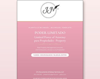 May include: A bilingual Real Property POA document template in English and Spanish. The document features a pink and white layout with the text Real Property POA, Limited Power of Attorney, and Florida - Edición Bilingüe.