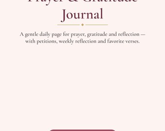 May include: A Prayer & Gratitude Journal page with a light pink background and dark maroon borders featuring white polka dots. The text reads: Prayer & Gratitude Journal, A gentle daily page for prayer, gratitude and reflection, DAILY FAITH JOURNAL.