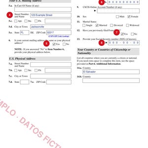 May include: A page from Form I-765, Edition 08/21/25, featuring sections for U.S. Mailing Address, Physical Address, and Other Information. The document includes numbered fields, checkboxes for marital status and gender, and red numbered circles.