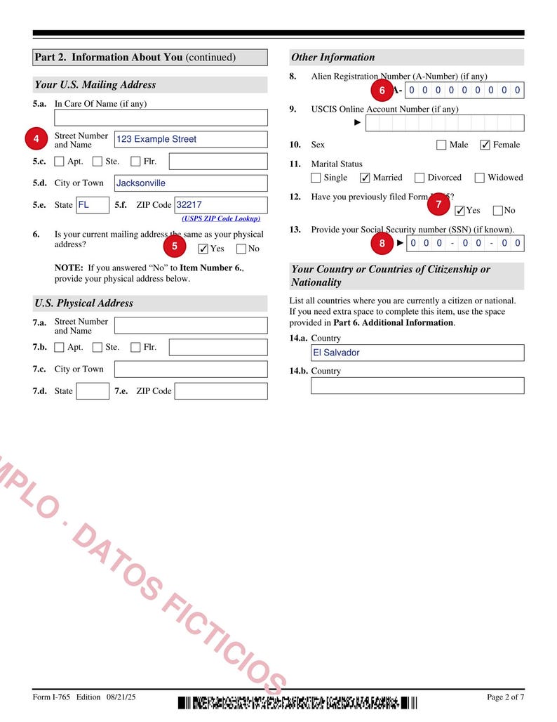 May include: A page from Form I-765, Edition 08/21/25, featuring sections for U.S. Mailing Address, Physical Address, and Other Information. The document includes numbered fields, checkboxes for marital status and gender, and red numbered circles.