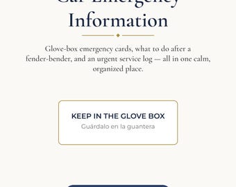 May include: A printable car emergency information document on US Letter 8.5 x 11 inch paper. The text reads Car Emergency Information, Glove-box emergency cards, what to do after a fender-bender, and an urgent service log, KEEP IN THE GLOVE BOX.