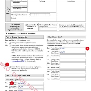 May include: A black and white USCIS Form I-765 Application for Employment Authorization document. The form includes sections for applicant information, including the name Laura Isabel Solis, and checkboxes for application reasons.