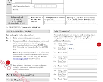 May include: A black and white USCIS Form I-765 Application for Employment Authorization document. The form includes sections for applicant information, including the name Laura Isabel Solis, and checkboxes for application reasons.