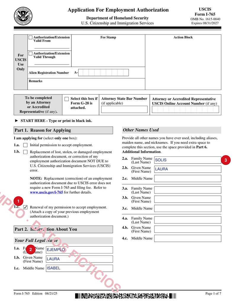 May include: A black and white USCIS Form I-765 Application for Employment Authorization document. The form includes sections for applicant information, including the name Laura Isabel Solis, and checkboxes for application reasons.