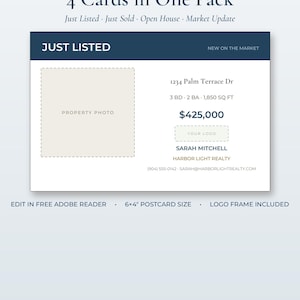 May include: A rectangular realtor marketing postcard template featuring a dark blue header with the text JUST LISTED and NEW ON THE MARKET. The layout includes a placeholder for a property photo, address 1234 Palm Terrace Dr, 3 BD, 2 BA, 1,850 SQ FT, price $425,000, a logo frame, and contact details for Sarah Mitchell at Harbor Light Realty.