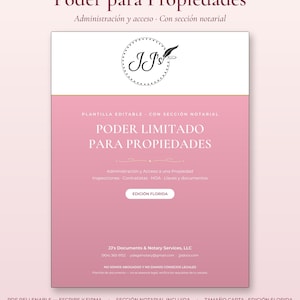 Può includere: Un modello di documento modificabile intitolato Poder Limitado para Propiedades, con un layout rosa e bianco e un logo JJ's con una penna. Include una sezione notarile, dettagli sull'edizione Florida e le informazioni di contatto di JJ's Documents & Notary Services, LLC.