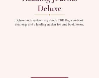 May include: A printable Reading Journal Deluxe with a light pink background and dark pink borders featuring white dots. The text reads Reading Journal Deluxe, book reviews, 30-book TBR list, 50-book challenge, lending tracker, and US Letter 8.5 x 11 in.