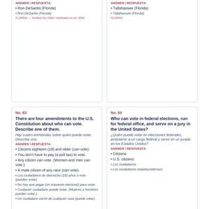 May include: A page of four U.S. citizenship flashcards labeled No. 61 through No. 64. The cards feature questions and answers regarding Florida state government, the U.S. Constitution, and voting rights in both English and Spanish text.