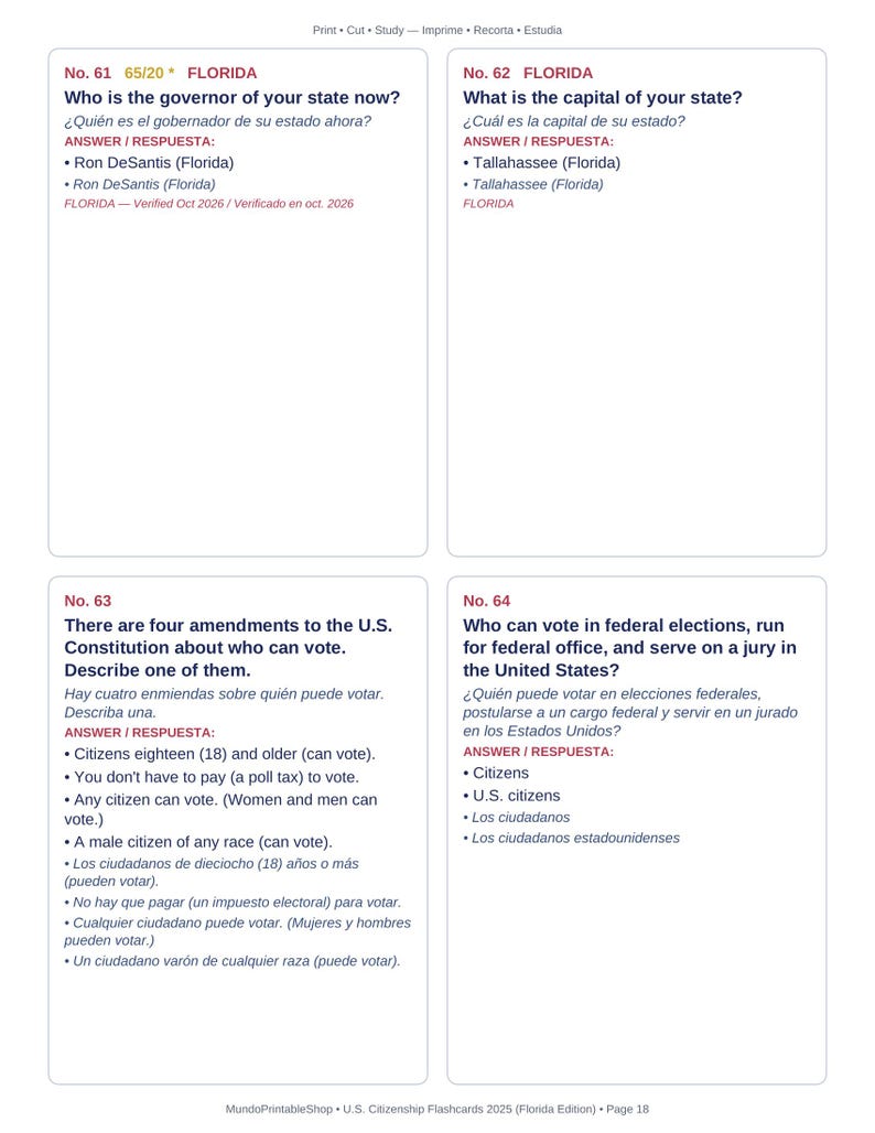 May include: A page of four U.S. citizenship flashcards labeled No. 61 through No. 64. The cards feature questions and answers regarding Florida state government, the U.S. Constitution, and voting rights in both English and Spanish text.