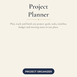 May include: A cream-colored project planner page with dark blue borders featuring white polka dots. The text reads Project Planner, Plan, track and finish any project: goals, tasks, timeline, budget and meeting notes in one place, PROJECT ORGANIZER, Printable, US Letter 8.5 x 11 in, Instant Download, MundoPrintableShop.