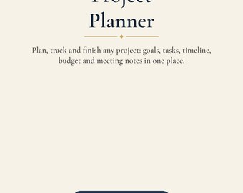 May include: A cream-colored project planner page with dark blue borders featuring white polka dots. The text reads Project Planner, Plan, track and finish any project: goals, tasks, timeline, budget and meeting notes in one place, PROJECT ORGANIZER, Printable, US Letter 8.5 x 11 in, Instant Download, MundoPrintableShop.