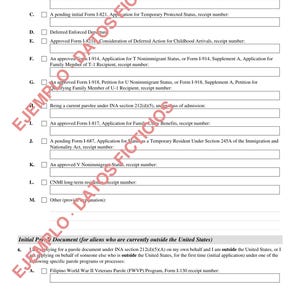 May include: A black and white document page titled Part 1. Application Type (continued) featuring a list of checkboxes labeled B through M for immigration status categories, followed by a section for Initial Parole Document applications.