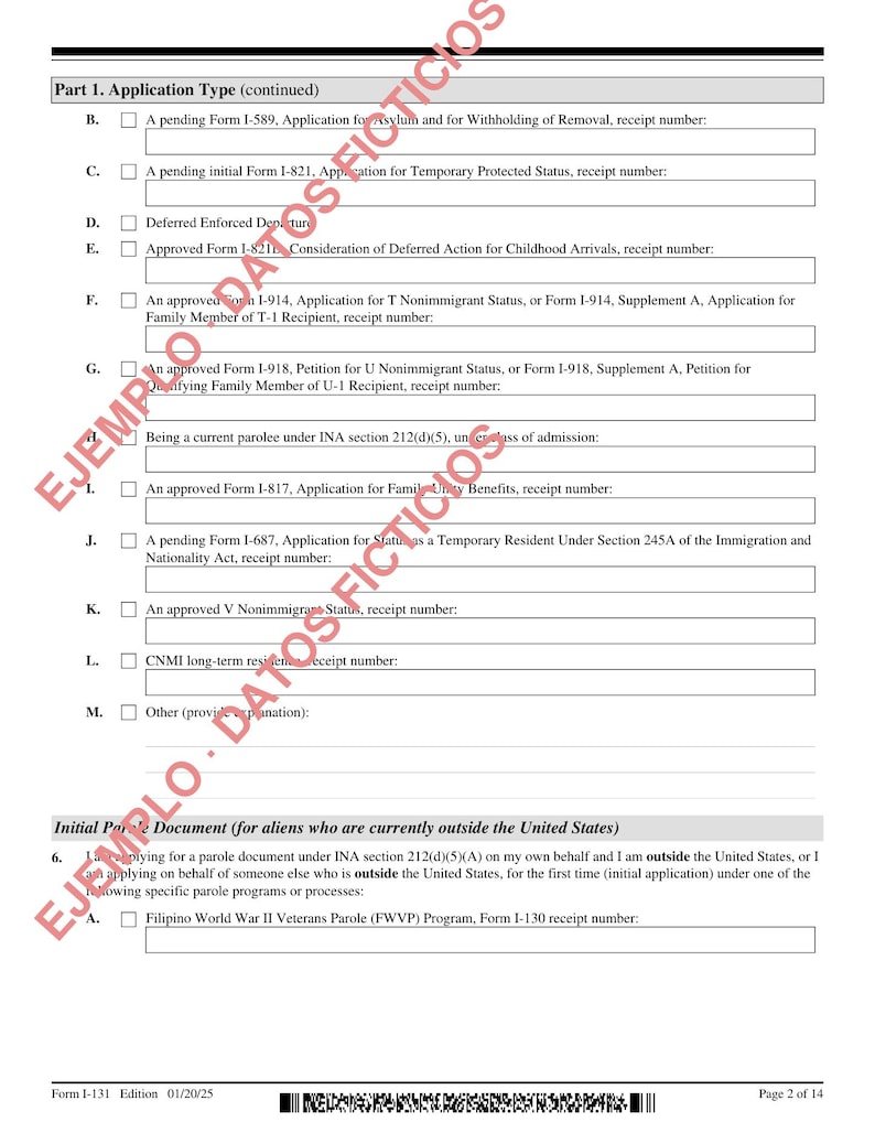 May include: A black and white document page titled Part 1. Application Type (continued) featuring a list of checkboxes labeled B through M for immigration status categories, followed by a section for Initial Parole Document applications.