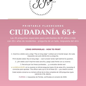 May include: A digital flyer for printable flashcards titled CIUDADAN&Iacute;A 65+ with a logo featuring JJ's and a quill. The text provides instructions in English and Spanish for printing, studying, and the 65/20 rule for the USCIS M-1778 study guide.