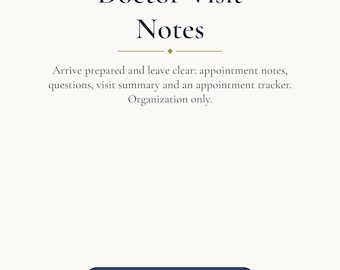 May include: A printable Doctor Visit Notes document with a dark blue border featuring white dots. The text reads: Doctor Visit Notes, Arrive prepared and leave clear: appointment notes, questions, visit summary and an appointment tracker. Organization only. APPOINTMENT ORGANIZER. Printable US Letter 8.5 x 11 in. Instant Download MundoPrintableShop.