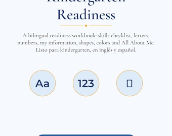 May include: A bilingual Kindergarten Readiness workbook page with blue text on a white background. It features a skills checklist, letters, numbers, shapes, and colors. Includes icons for Aa, 123, and a square, with the text Preschool Prep Bilingual and 8.5 x 11 in.