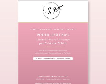 May include: A bilingual Vehicle Power of Attorney document template for Florida. The document features a pink and white layout with the JJ's logo, text in English and Spanish, and includes a notary section. It is a fillable PDF form.