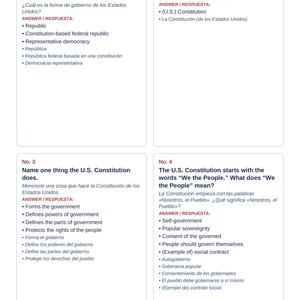 May include: A printable educational sheet featuring four flashcards for U.S. citizenship study. Each card contains numbered questions and answers in English and Spanish regarding the U.S. government and Constitution, with text at the top and bottom.