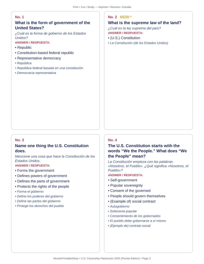 May include: A printable educational sheet featuring four flashcards for U.S. citizenship study. Each card contains numbered questions and answers in English and Spanish regarding the U.S. government and Constitution, with text at the top and bottom.