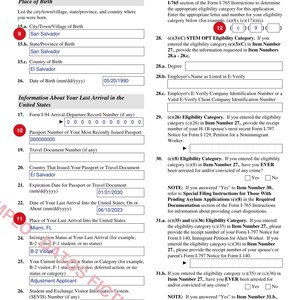 May include: A page from Form I-765, Edition 08/21/25, page 3 of 7. The document contains fields for personal information including place of birth, date of birth, and arrival details, alongside eligibility category sections with numbered items.