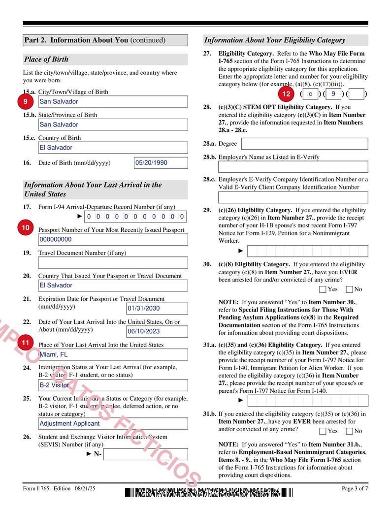 May include: A page from Form I-765, Edition 08/21/25, page 3 of 7. The document contains fields for personal information including place of birth, date of birth, and arrival details, alongside eligibility category sections with numbered items.