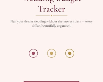 May include: A printable wedding budget tracker document on a light pink background with white polka dot borders. The text reads Wedding Budget Tracker, Plan your dream wedding without the money stress, and Estimated, Actual, Difference. Size is 8.5 x 11 inches.