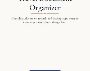 May include: A printable travel document organizer page with the text Travel Document Organizer, Checklists, document records and backup-copy notes so every trip starts calm and organized, TRIP BINDER PAGES, and US Letter 8.5 x 11 in.