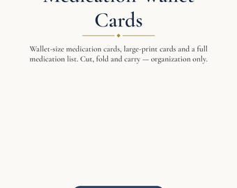 May include: A digital document titled Medication Wallet Cards featuring large-print cards and a full medication list. The page includes the text Cut & Carry Cards, Printable, US Letter 8.5 x 11 in, Instant Download, and MundoPrintableShop.
