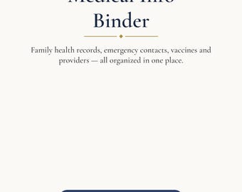 May include: A white printable Medical Info Binder document with dark blue borders featuring white dots. Text includes Medical Info Binder, Family health records, emergency contacts, vaccines and providers, and FAMILY HEALTH ORGANIZER. Size is 8.5 x 11 inches.