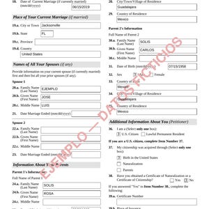 May include: A page from a Form I-130 immigration document, edition 04/01/24, featuring fields for petitioner information, spouse details, and parent data, with the watermark EJEMPLO-DATOS FICTICIOS printed diagonally across the text.