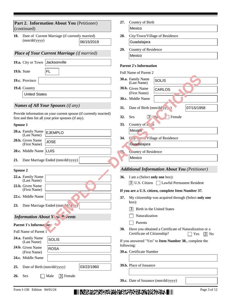 May include: A page from a Form I-130 immigration document, edition 04/01/24, featuring fields for petitioner information, spouse details, and parent data, with the watermark EJEMPLO-DATOS FICTICIOS printed diagonally across the text.