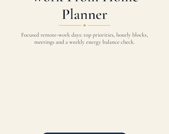 May include: A Work From Home Planner printable document with a cream background and dark blue borders featuring white dots. The text includes the title, a description of features, a Remote Work Organizer button, and 8.5 x 11 in dimensions.