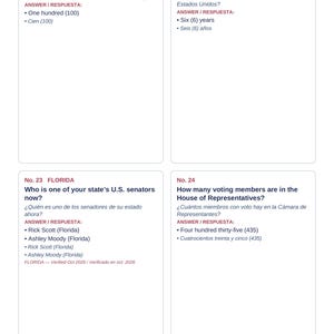 May include: A white educational flashcard sheet featuring four distinct sections labeled No. 21 through No. 24. Each section contains U.S. citizenship questions and answers in both English and Spanish, covering topics like U.S. senators and the House of Representatives.