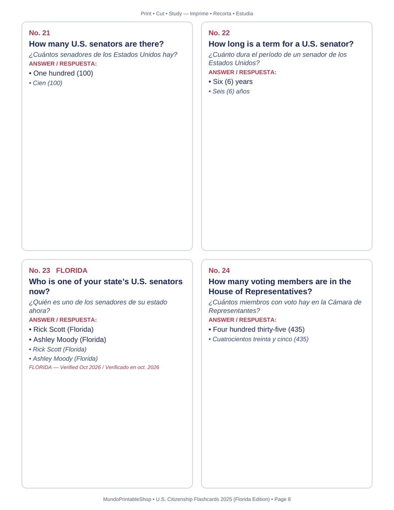 May include: A white educational flashcard sheet featuring four distinct sections labeled No. 21 through No. 24. Each section contains U.S. citizenship questions and answers in both English and Spanish, covering topics like U.S. senators and the House of Representatives.